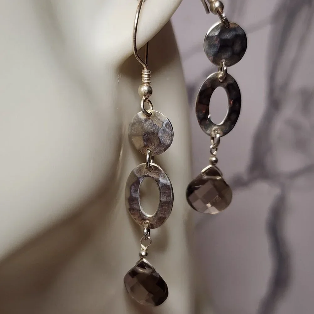 925 Silver Hammered Smokey Quartz Dangle Earrings